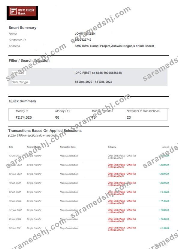 India IDFC bank statement template, Word and PDF format, 3 pages, version 2